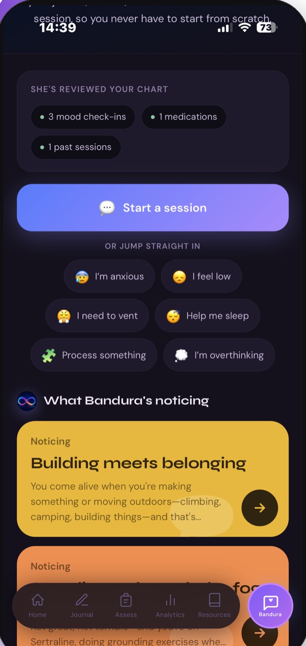 The Bandura session screen showing what it has reviewed and quick ways to begin.