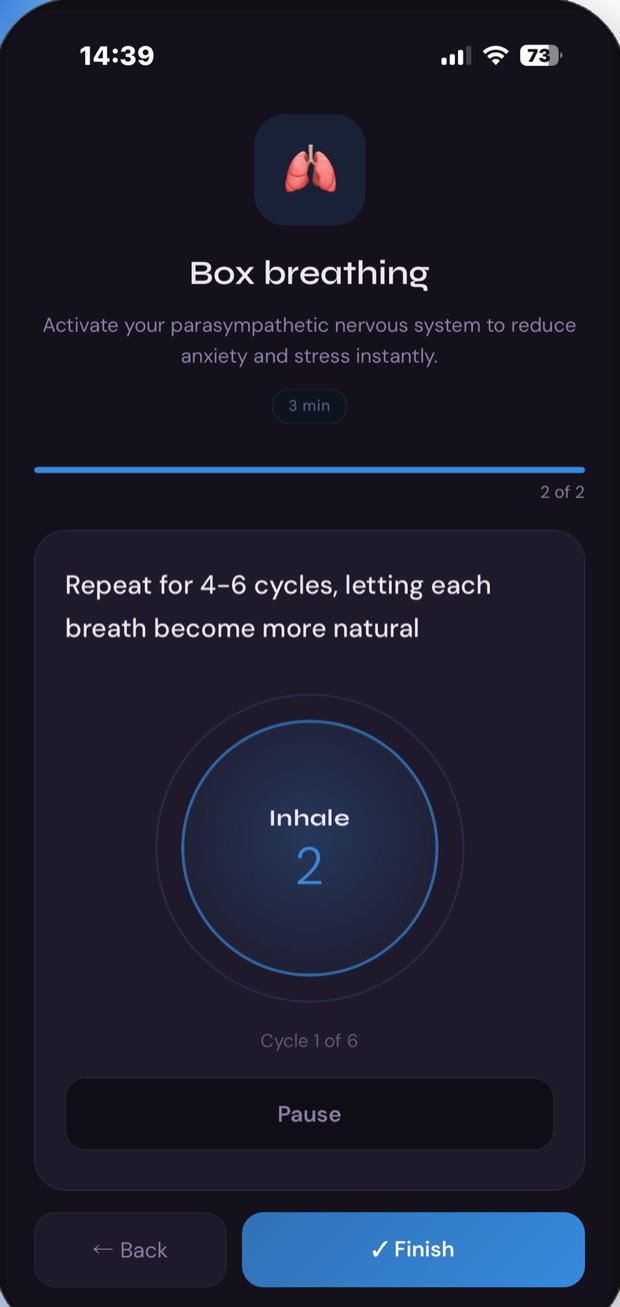 Guided box breathing exercise with an inhale timer.